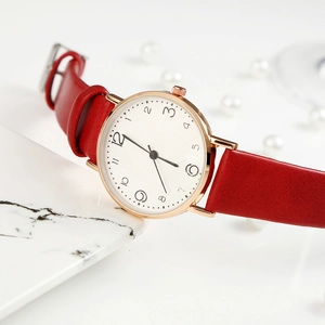 Minimalist red leather quartz watch for women with rose gold case and Arabic numerals