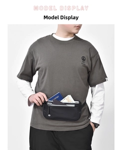 Detail showing slim RFID blocking waist bag with passport and cash in zippered pockets