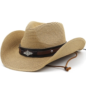 Western Straw Cowboy Hat Vintage Woven Sun Protection Beach Fedora With Leather Band And Windproof String For Women Men