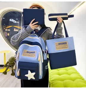 Detail of four-piece school bag set including backpack and tote in blue colorblock