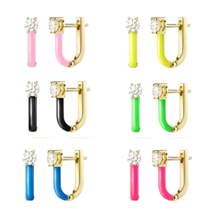 Modern U-Shaped Enamel Hoop Earrings For Women Rhinestone Inlaid Geometric Drip Oil Copper Earrings With 925 Sterling Silver Earring Post Jewelry