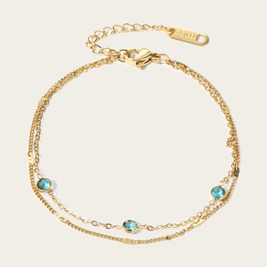 Bracciale a Doppio Strato in Acciaio Inossidabile Minimalista da Donna Placcato Oro 18K Strass Blu Rotondo Intarsiato Gioielli a Catena