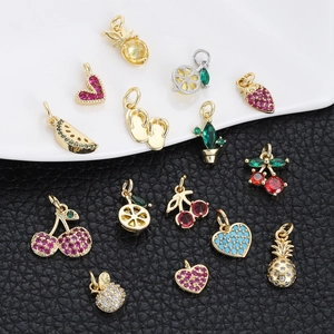 Copper Fruit Charms Pendants Gold Plated Zirconia Cherry Cactus Heart Shaped DIY Jewelry Making Accessories Fashion Small