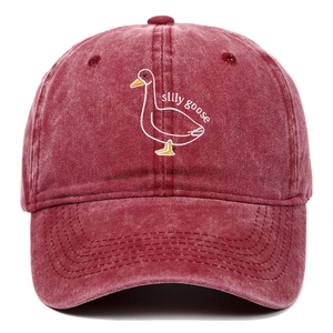 Vintage washed cotton baseball cap in burgundy featuring silly goose embroidery