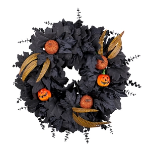 Halloween wreath with black maple leaves, orange glitter pumpkins and smiling jack-o-lanterns