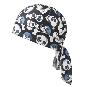 Detail showing high-quality white overlock stitching on the skull print bandana cap