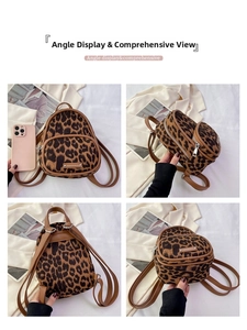 Detailed four-angle view of mini leopard print canvas backpack with brown leather trim