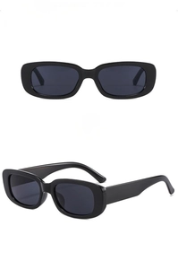 Front and side views of vintage rectangular sunglasses with thick black frames and dark lenses