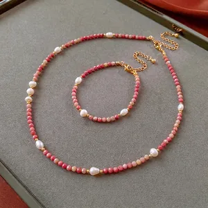 Beaded Freshwater Pearl Necklace Bracelet Pink Natural Stone Stainless Steel Retro Elegant Jewelry For Women