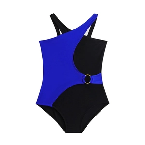 Girls' one-piece swimsuit in blue and black contrast with a stylish gold ring detail