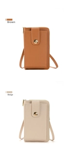 Vertical phone pouches in brown and beige litchi leather with metal snap buttons