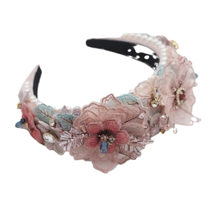 Baroque sponge headband featuring 3D embroidered flowers, pearls and blue crystals