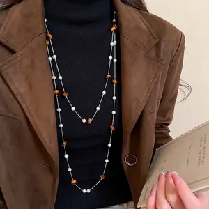Vintage Zweilagige Lange Künstliche Perlenhalskette Mit Tigerauge Steinen Und Glasperlen Eleganter Schmuck Für Damen