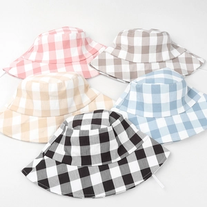 Fashionable gingham checkered bucket hats in five colors with windproof chin straps