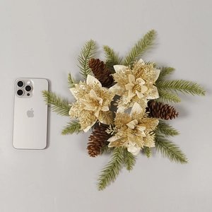 Golden Christmas candle ring with glitter flowers, pine cones and needles for table decor