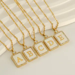 Square Initial Letter Necklace Stainless Steel 18K Gold Plated Mother Of Artificial Pearl Inlay Rhinestone Elegant Pendant Women
