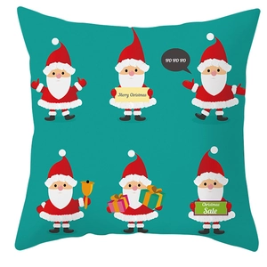 Detailed pattern of turquoise Christmas cushion cover with cute gnomes and festive text