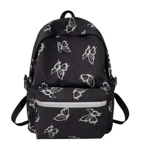 Large capacity casual backpack with white butterfly prints and durable front zipper pocket