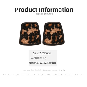Macro view of leopard print trapezoid earrings with dimensions 2.8x2.6cm and alloy texture