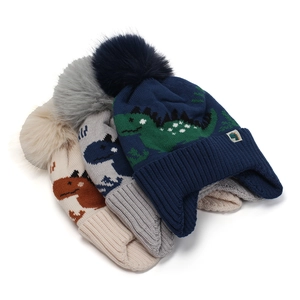 Winter-Strickmützen mit Dino-Muster, Fleece-Futter und Pompon für Kinder in Beige-Blau