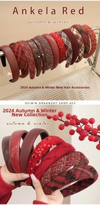Detail of red and brown velvet, sequin and plaid headbands for winter hair accessories