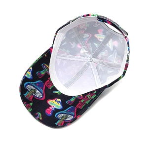 Detail view of colorful mushroom baseball cap interior lining and adjustable back strap