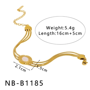 Detailed specs for triple-strand gold bracelet with white shell inlay and measurements