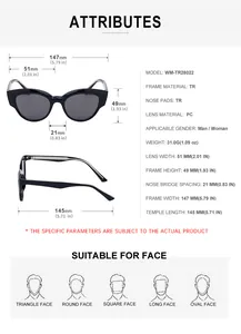 Detailed measurement guide for cat eye sunglasses showing frame dimensions and weight