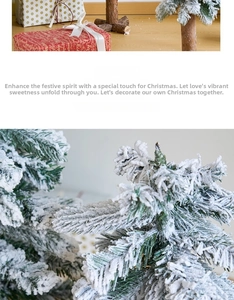 Close-up of a mini snowy Christmas tree with realistic pine needles and a natural wood base