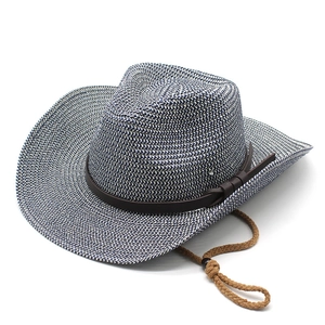 Classic western straw cowboy hat in blue and white weave with leather band and chin strap