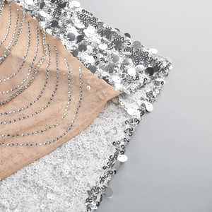 Detail of silver sequins and rhinestone chain on nude mesh fabric of a formal dress