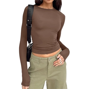 Women's Casual Long Sleeve Slim Fit T-Shirt Solid Color Round Neck Basic Top Autumn Mercerized Base Layer Streetwear