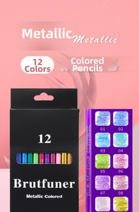 Close-up of 12 metallic colored pencils with black wood and pearl finish color chart