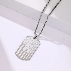 Stainless steel dog tag necklace with American flag and cross relief on silver box chain