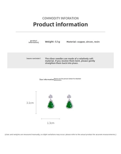 Detailed size chart for green resin gourd earrings with cubic zirconia inlays