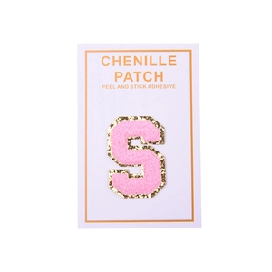 Pink chenille letter S patch with gold glitter borders and self-adhesive backing