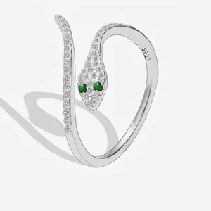 925 Sterling Silver Snake Ring White Cubic Zirconia Green Gemstone Eyes Adjustable Open Finger Jewelry For Women