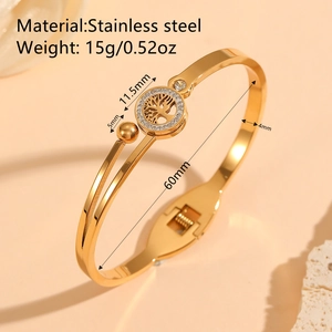 18K gold plated stainless steel Tree of Life bangle with sparkling rhinestones for women