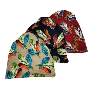 Three-piece set of knitted beanies with feather patterns in khaki, navy, and red colors