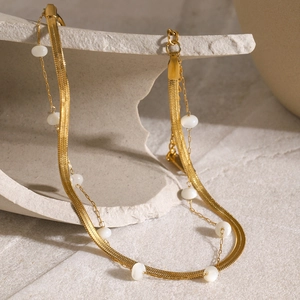 Double-layer 18K gold stainless steel snake chain anklet with white shell beads