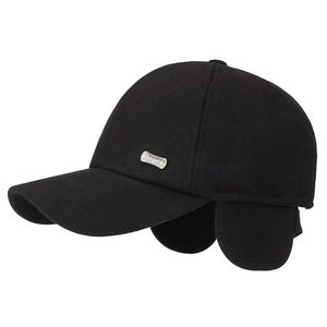 Winter men's black wool baseball cap with ear flaps and silver SSPORT metal buckle