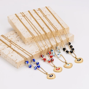Gold stainless steel evil eye heart necklaces with colorful beads in four distinct styles