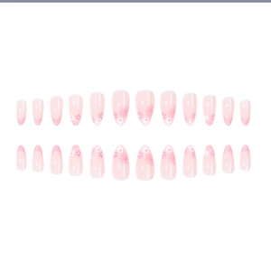 Pink gradient almond press-on nails set with delicate white and pink floral patterns