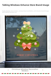 Detail eines Weihnachtsbaum-Fensteraufklebers mit Schleifendesign und Frohe Weihnachten