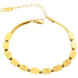 Gold titanium steel bracelet with Love engraved blocks and sleek snake chain