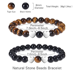 Tiger eye and black matte stone beaded bracelet set with heart charms for couples