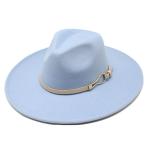 Light blue wide brim wool fedora with beige leather band and golden buckle