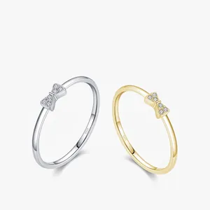 Bow Knot 925 Sterling Silver Ring For Women Korean Style Simple Chic Pave Rhinestone Embellished Delicate Adjustable Jewelry