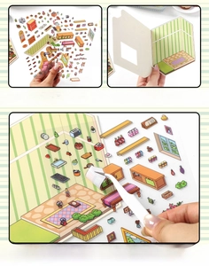 Detail of 2.5D indoor scenery PET stickers with thickened white ink for DIY journaling
