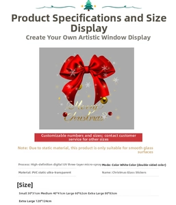 Size chart for red bow Christmas window stickers in various dimensions from S to XXL